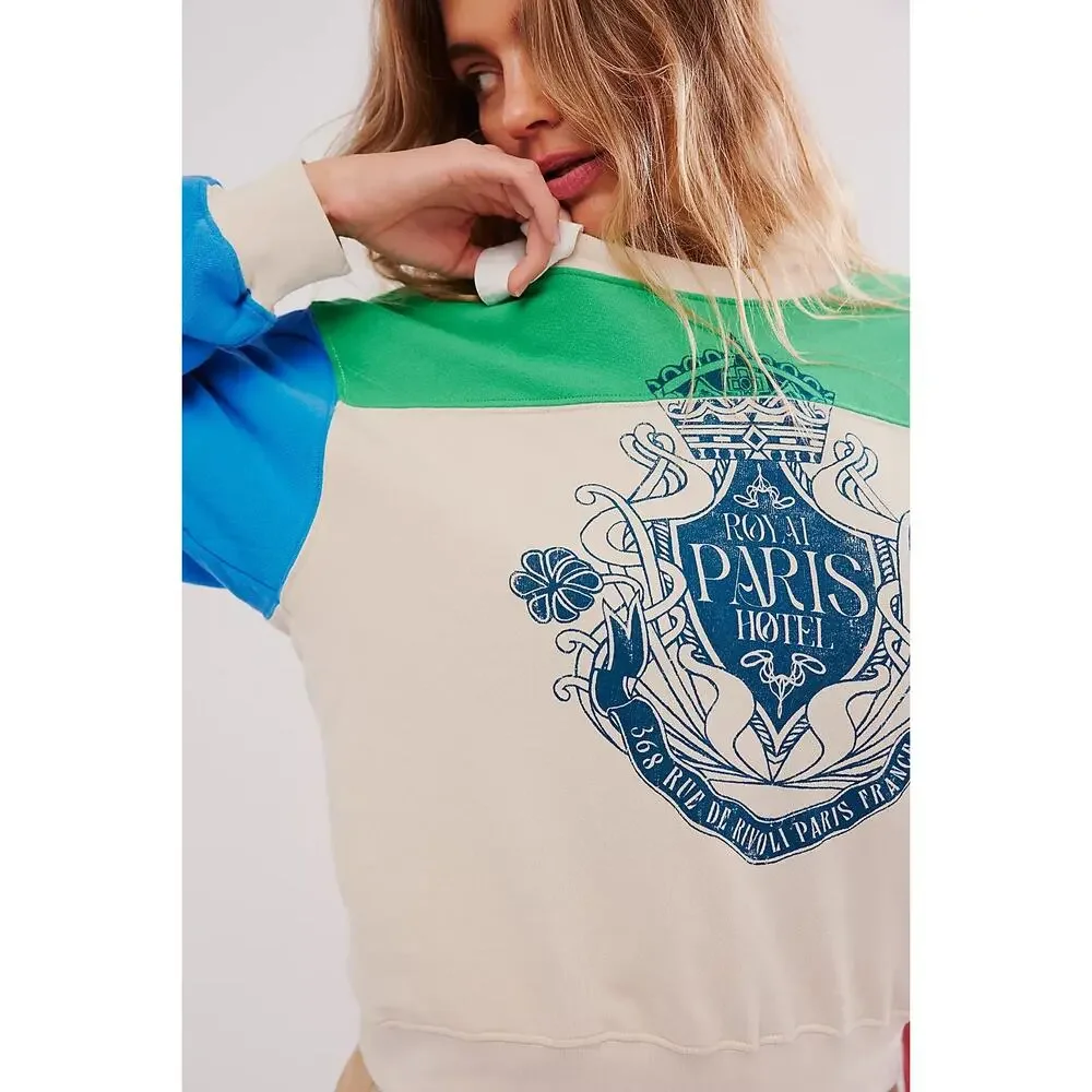 Free People X Daydreamer Crest colorblock cream sweatshirt size large